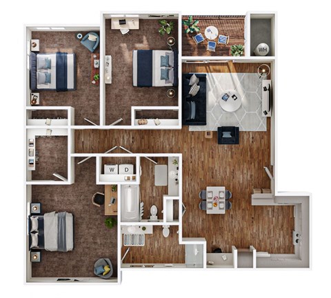 Floor plan for 3 beds, 2 baths, 1153 sqft